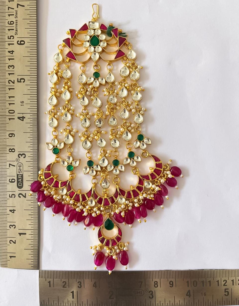 Handmade Kundan Pasa Jhoomar Bridal Headpiece with Red Pearls and Green Center Stone Mughal-Inspired Gold-Plated Wedding Jewelry