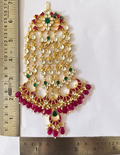 Handmade Kundan Pasa Jhoomar Bridal Headpiece with Red Pearls and Green Center Stone Mughal-Inspired Gold-Plated Wedding Jewelry