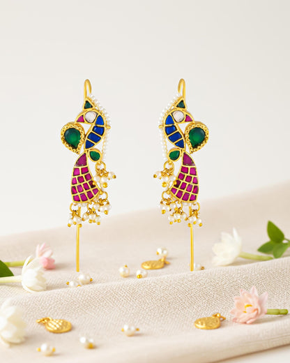 Gold Plated Peacock Ear Cuff Earrings, Kundan Meenakari Pearl Wrap, Traditional Bridal Jewelry