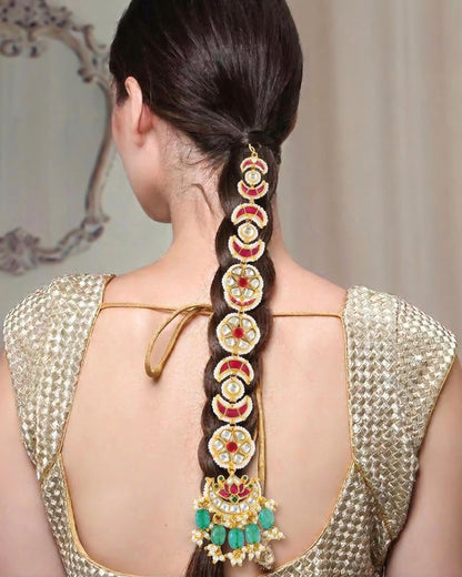 Kundan Meenakari Braid Jewelry, Indian Bridal Hair Accessory, Gold Pearl Green Drops