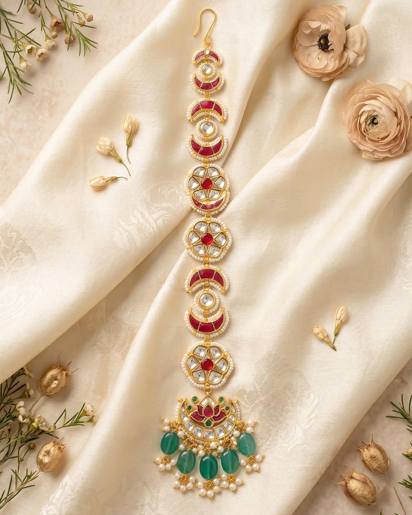 Kundan Meenakari Braid Jewelry, Indian Bridal Hair Accessory, Gold Pearl Green Drops