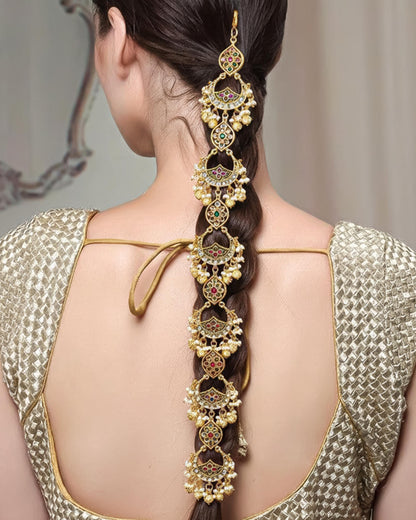 Kundan Meenakari Braid Jewelry, Gold Indian Wedding Hair Accessory, Pearl Green Drops