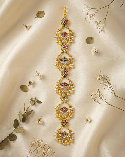 Kundan Meenakari Braid Jewelry, Gold Indian Wedding Hair Accessory, Pearl Green Drops