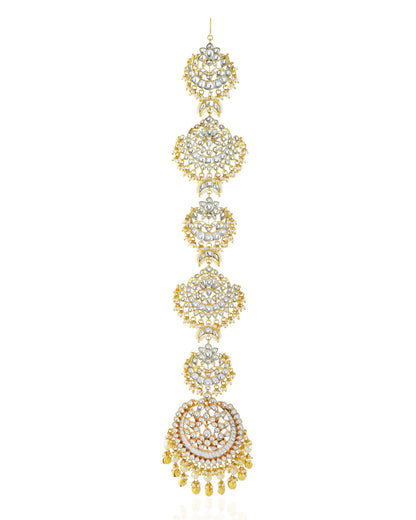 White Kundan Braid Jewelry, Gold Pearl Indian Wedding Hair Chain