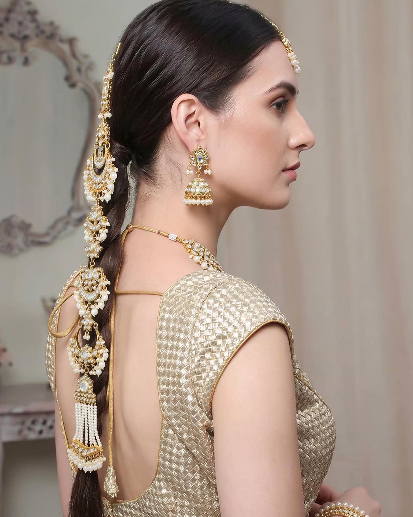 Kundan Pearl Indian Braid Accessory: Traditional Bridal Wedding Hair Jewelry