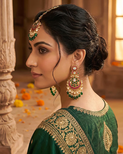 Kundan Maang Tikka Earrings Set, Indian Bridal Jewelry, Green Red Pearls