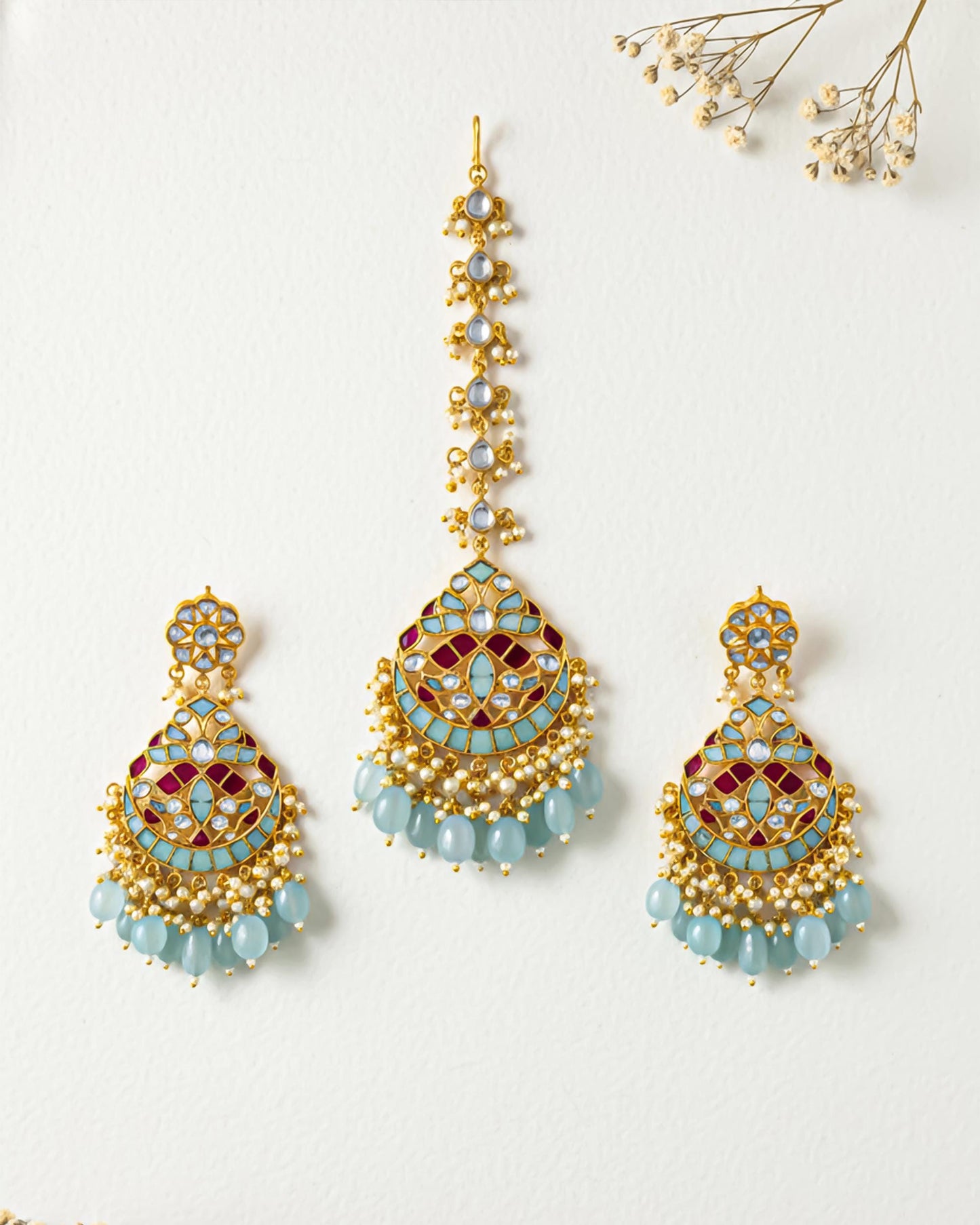 Gold Plated Kundan Tikka Set with Earrings, Turquoise Enamel Bridal Jewelry