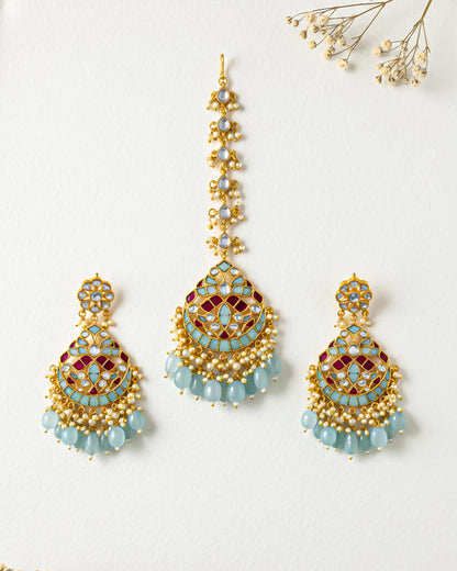 Gold Plated Kundan Tikka Set with Earrings, Turquoise Enamel Bridal Jewelry