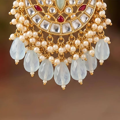 Gold Plated Kundan Tikka Set with Earrings, Turquoise Enamel Bridal Jewelry