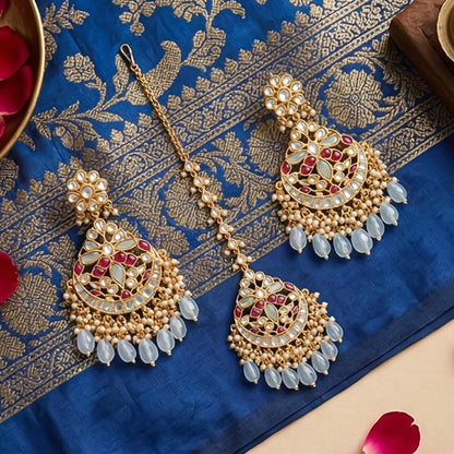 Gold Plated Kundan Tikka Set with Earrings, Turquoise Enamel Bridal Jewelry