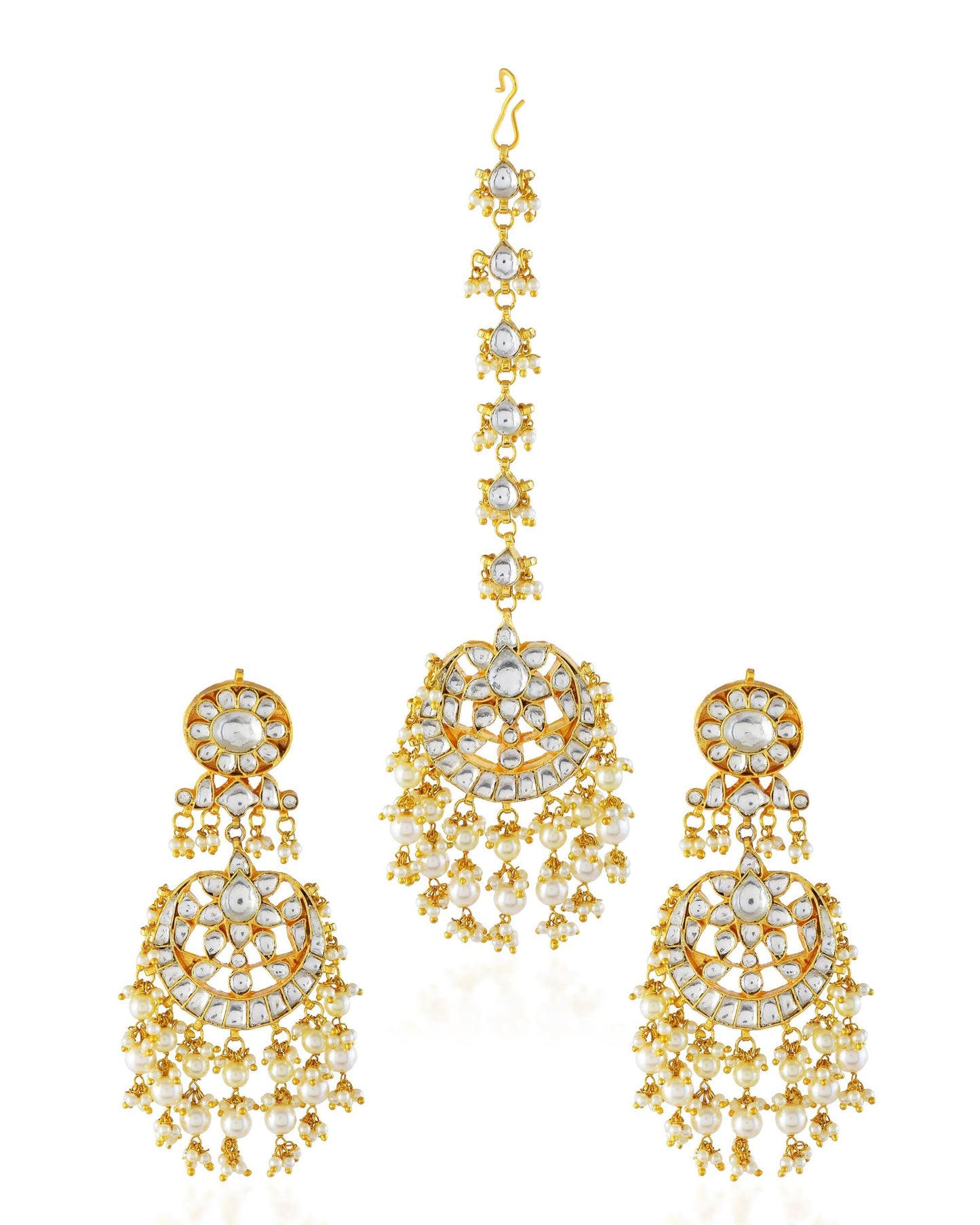 Kundan Pearl Maang Tikka Earrings Set, Indian Bridal Chandbali Jewelry for Weddings, Engagements, and Festivals