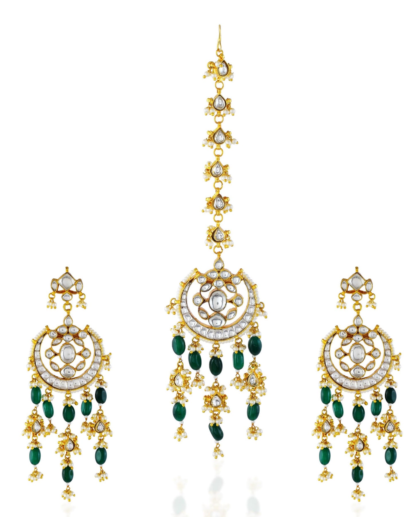 Handmade Kundan Pearl Maang Tikka Earrings Set, White Green Beads, Gold Plated Brass