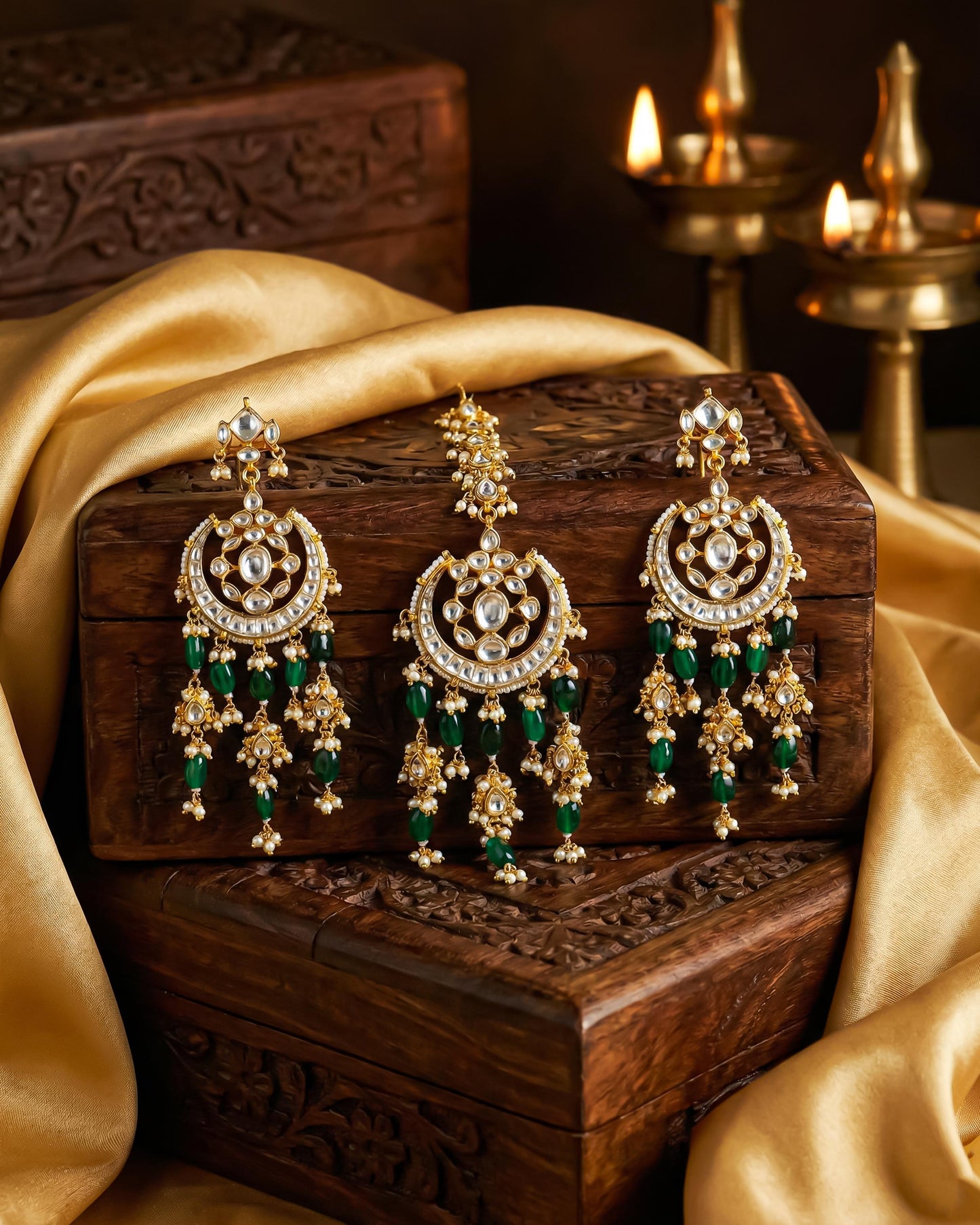 Handmade Kundan Pearl Maang Tikka Earrings Set, White Green Beads, Gold Plated Brass