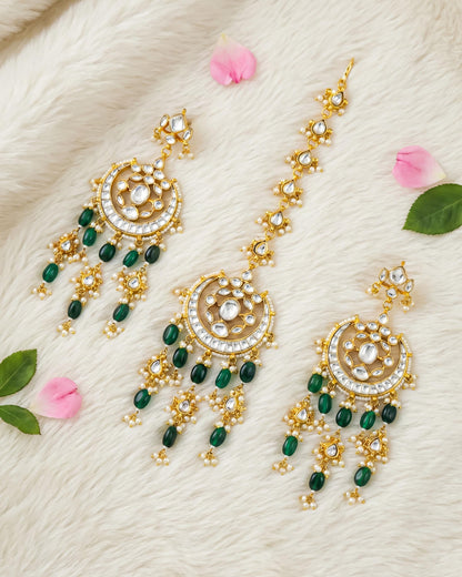 Handmade Kundan Pearl Maang Tikka Earrings Set, White Green Beads, Gold Plated Brass