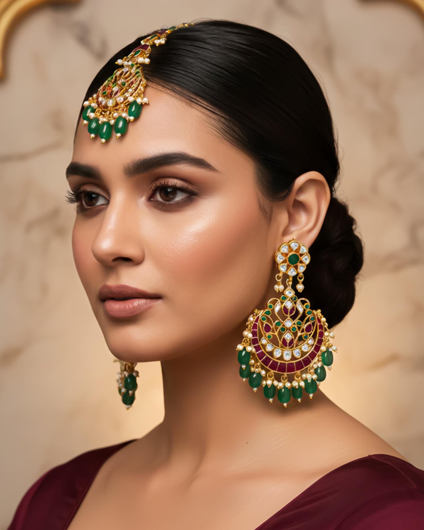 Kundan Chand Bali Maang Tikka Earrings Set, Indian Bridal Jewelry, Green Red Stones