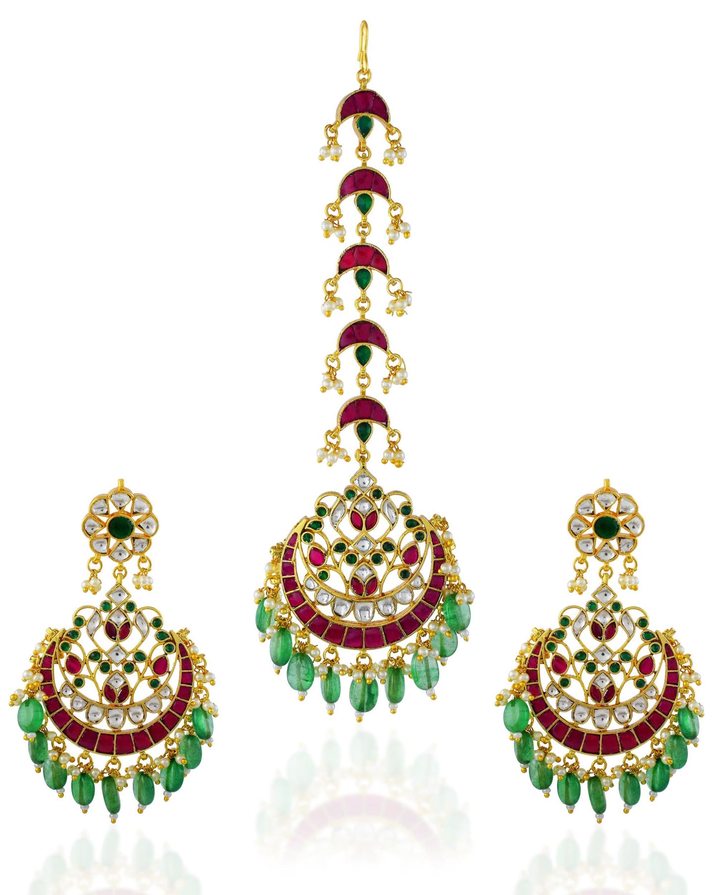 Kundan Chand Bali Maang Tikka Earrings Set, Indian Bridal Jewelry, Green Red Stones