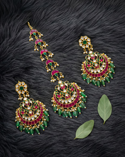 Kundan Chand Bali Maang Tikka Earrings Set, Indian Bridal Jewelry, Green Red Stones