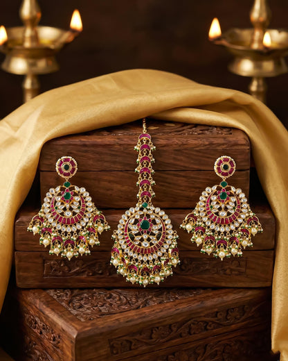 Gold Kundan Bridal Jewelry Set, Red Green Chandbali Earrings Maang Tikka