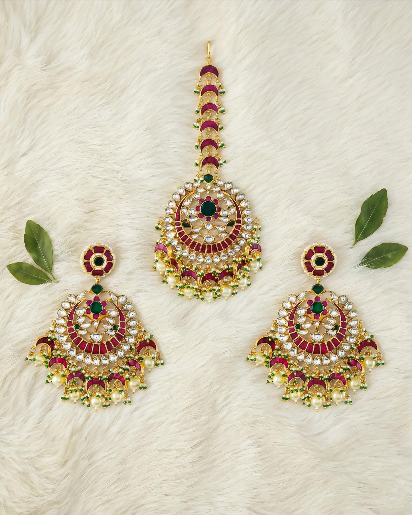 Gold Kundan Bridal Jewelry Set, Red Green Chandbali Earrings Maang Tikka