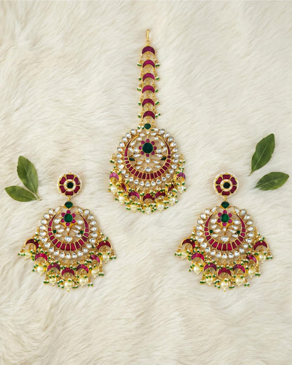 Gold Kundan Bridal Jewelry Set, Red Green Chandbali Earrings Maang Tikka
