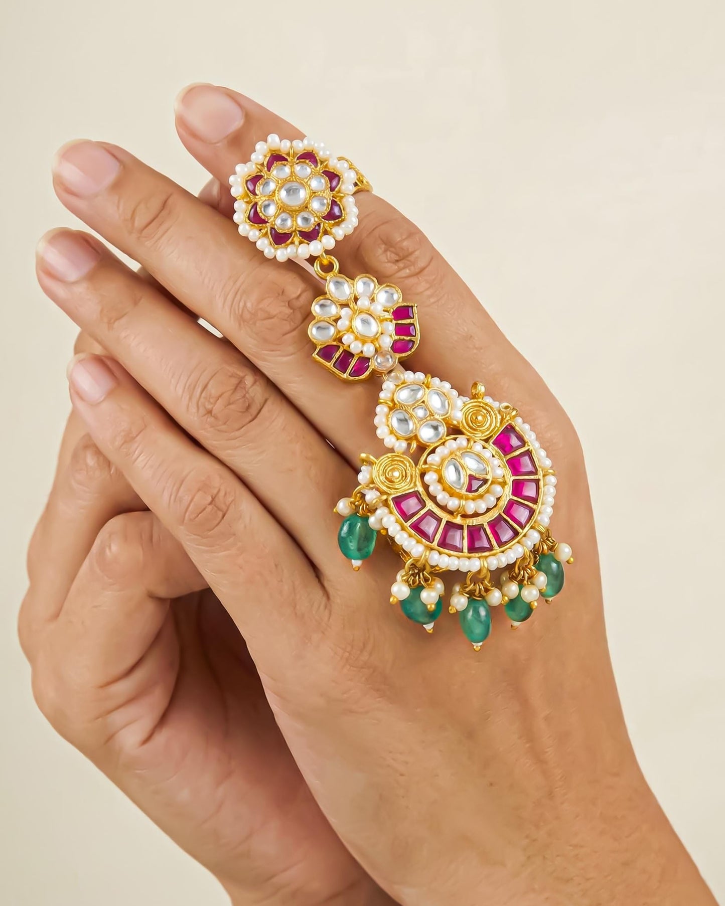 Gold Plated Kundan Pearl Meenakari Statement Ring, Pink Green Ethnic Bridal Jewelry