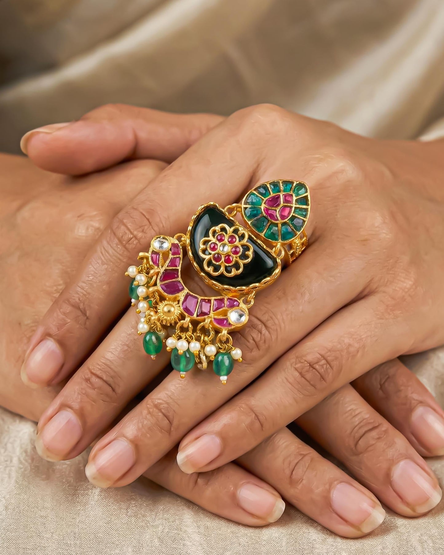 Gold Plated Kundan Meenakari Ring, Green Pearl Bridal Statement Jewelry, Adjustable Ethnic Ring