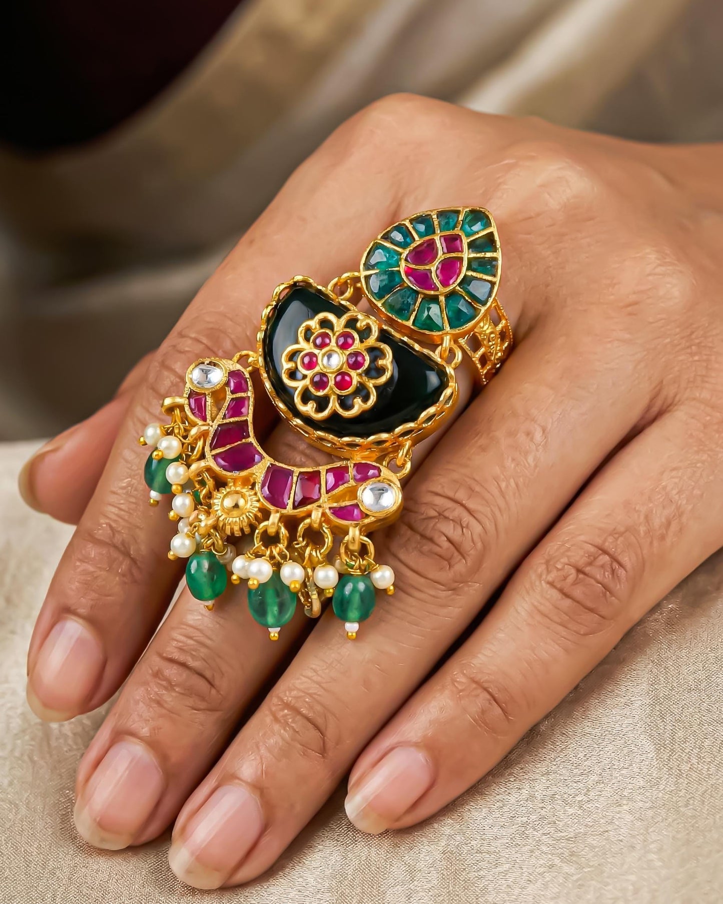 Gold Plated Kundan Meenakari Ring, Green Pearl Bridal Statement Jewelry, Adjustable Ethnic Ring