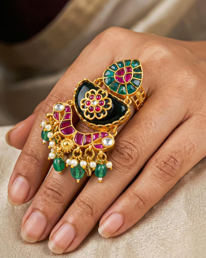 Gold Plated Kundan Meenakari Ring, Green Pearl Bridal Statement Jewelry, Adjustable Ethnic Ring