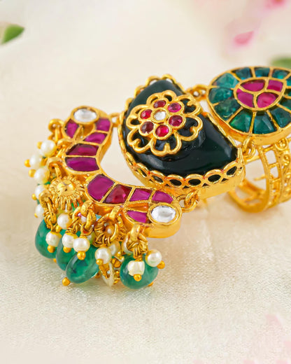 Gold Plated Kundan Meenakari Ring, Green Pearl Bridal Statement Jewelry, Adjustable Ethnic Ring