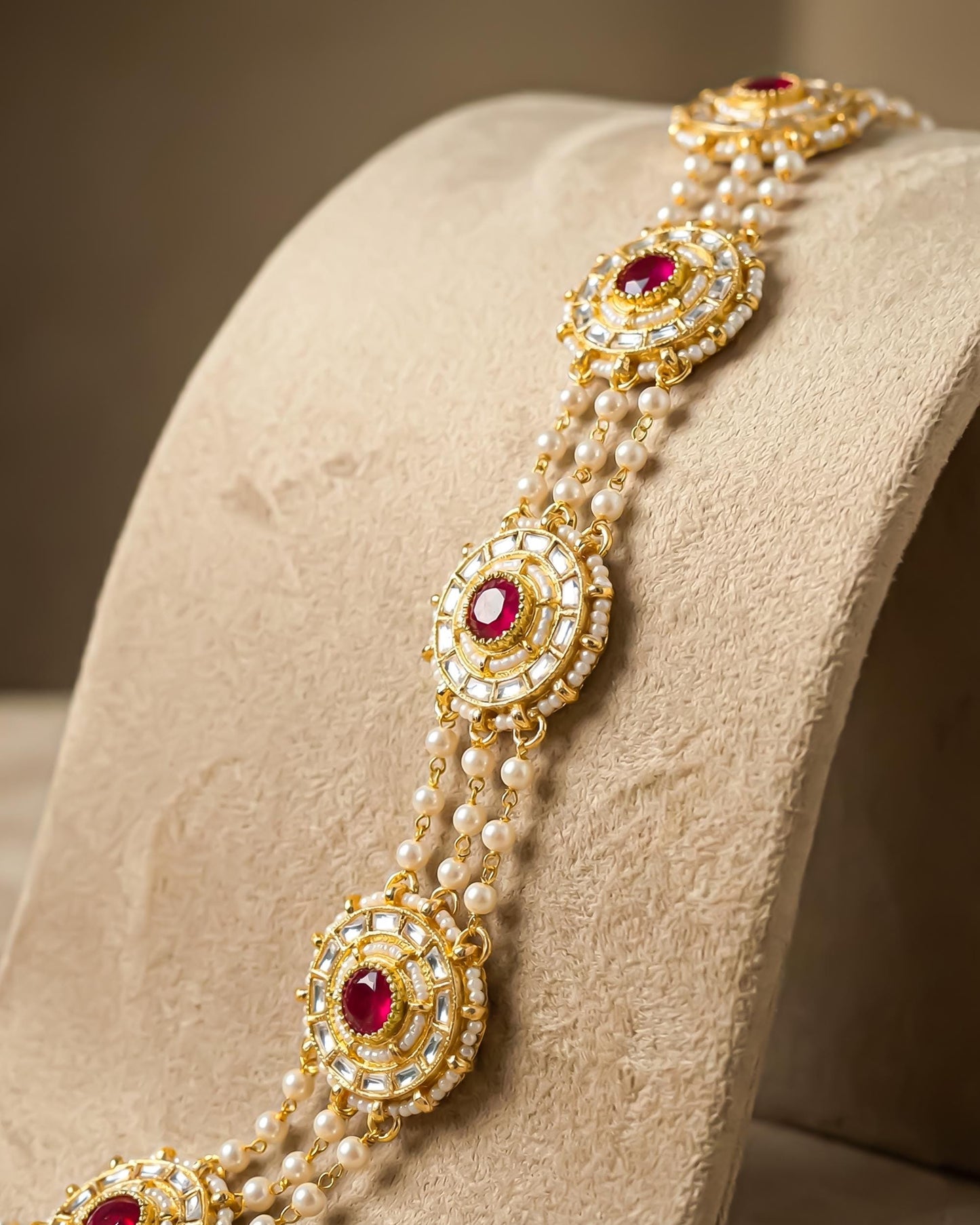 Kundan Pearl Matha Patti, Gold Red Boho Bridal Wedding Headpiece