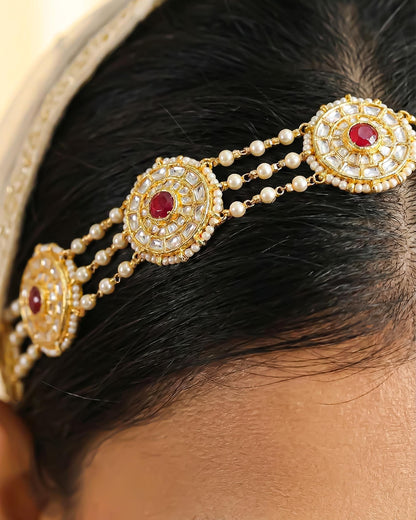 Kundan Pearl Matha Patti, Gold Red Boho Bridal Wedding Headpiece