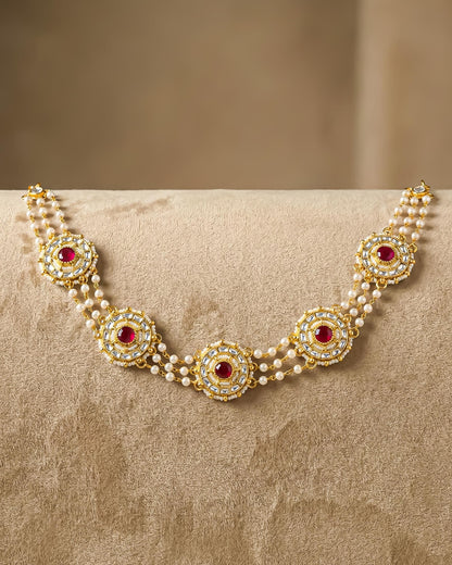 Kundan Pearl Matha Patti, Gold Red Boho Bridal Wedding Headpiece