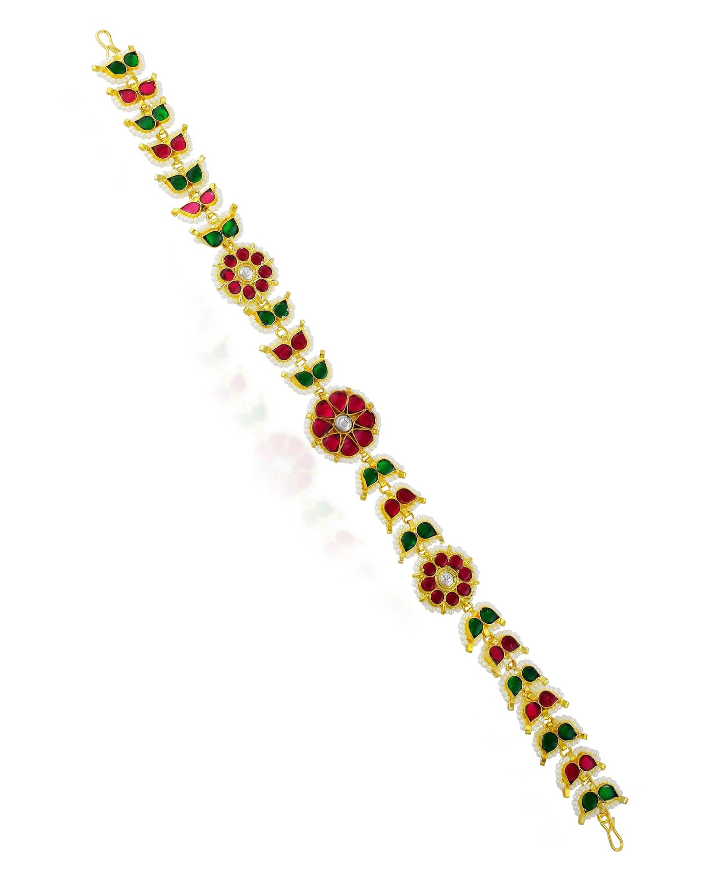 Handmade Kundan Pearl Matha Patti, Red Green Floral Bridal Headpiece, Boho Ethnic Jewelry