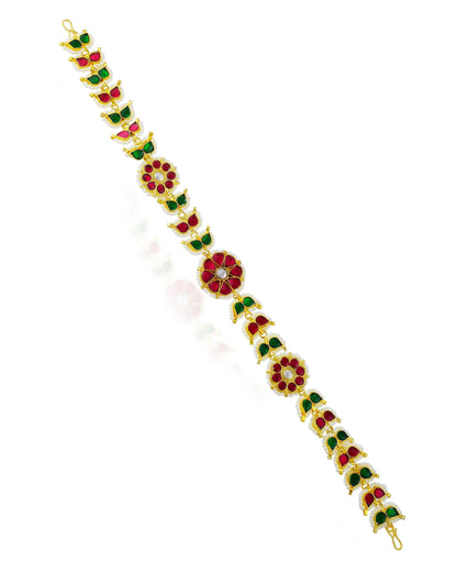 Handmade Kundan Pearl Matha Patti, Red Green Floral Bridal Headpiece, Boho Ethnic Jewelry