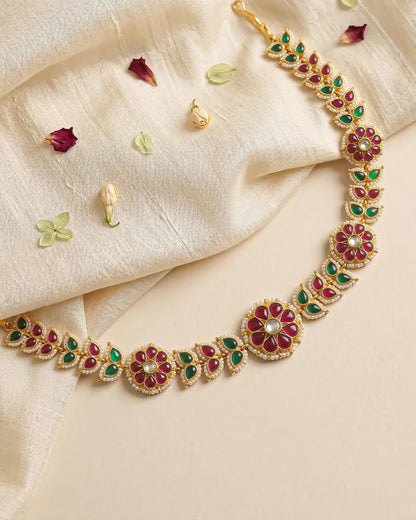 Handmade Kundan Pearl Matha Patti, Red Green Floral Bridal Headpiece, Boho Ethnic Jewelry