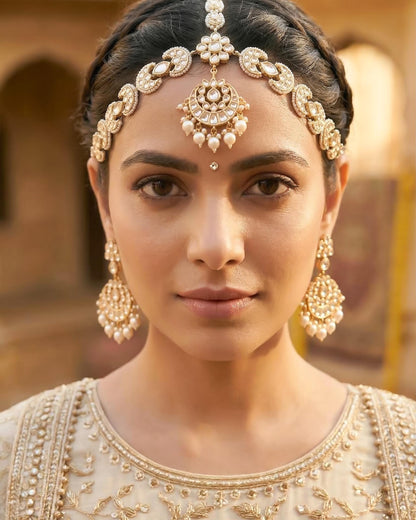 Kundan Sheeshpatti with Maang Tikka, Pearl Bridal Headpiece, Indian Wedding Jewelry