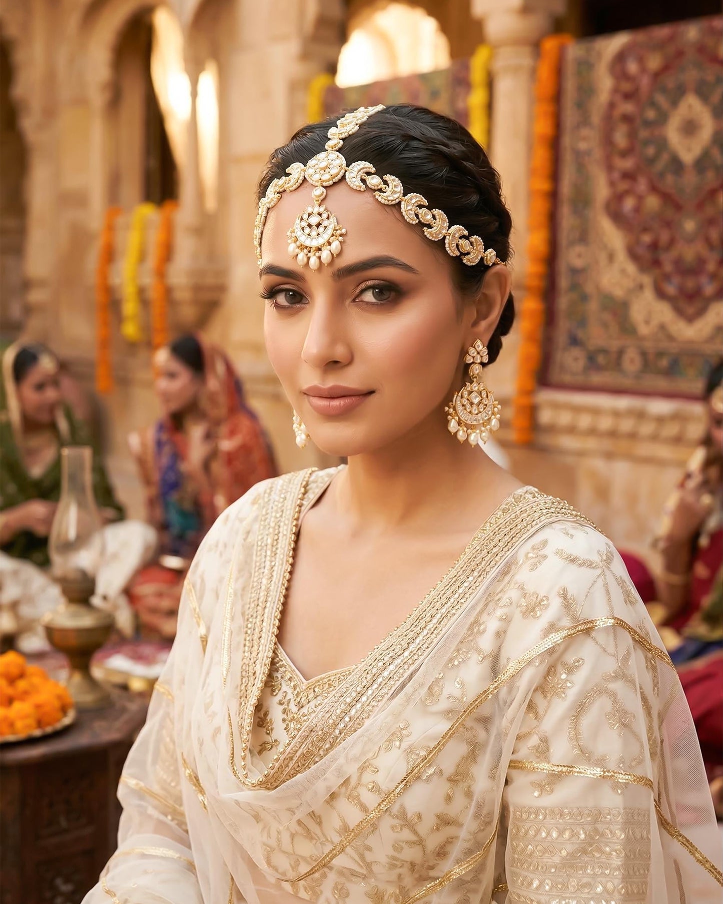 Kundan Sheeshpatti with Maang Tikka, Pearl Bridal Headpiece, Indian Wedding Jewelry