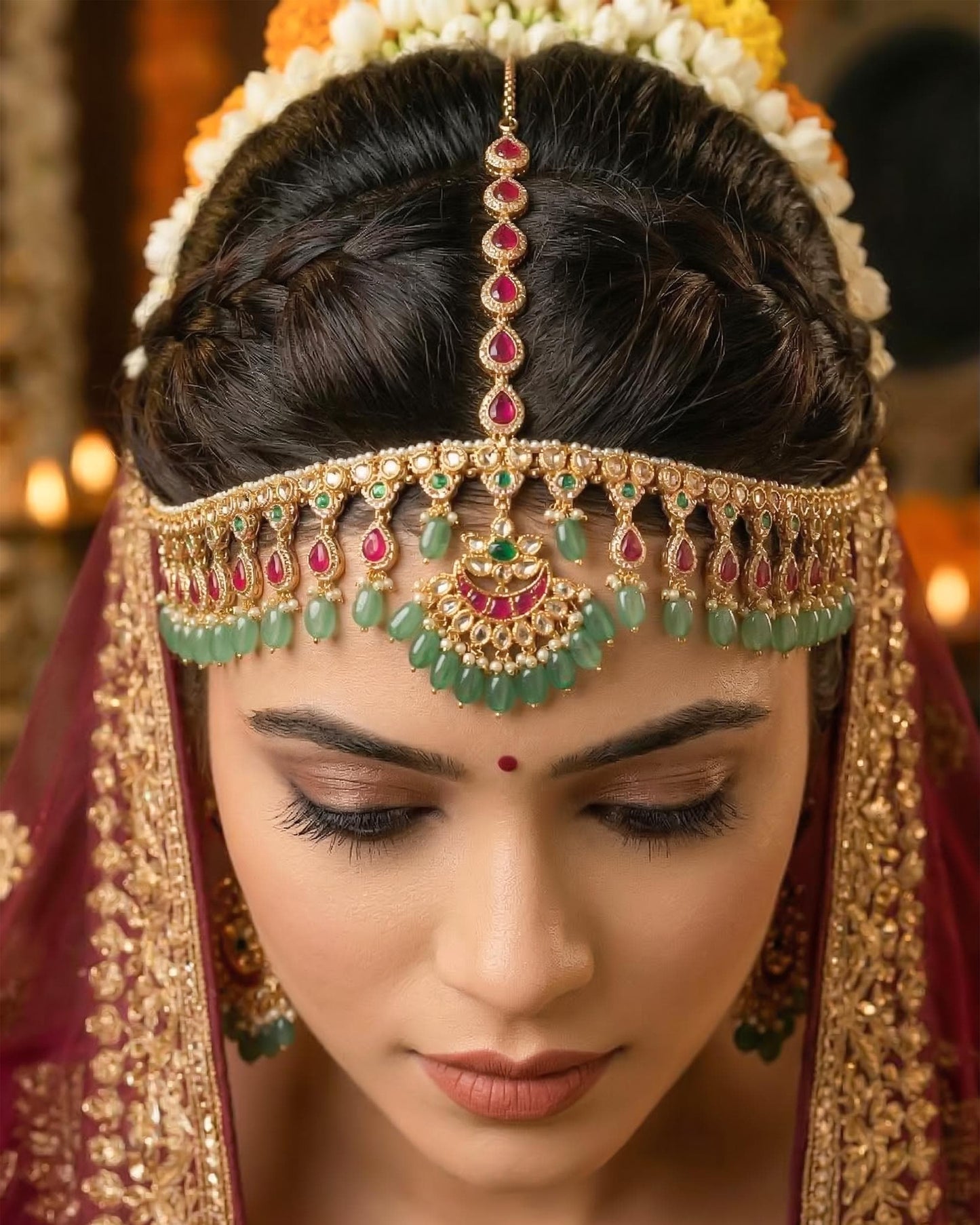 Indian Bridal Kundan Pearl Sheeshpatti Matha Patti Headpiece, Gold Wedding Tikka with Ruby & Green Stones, Bridal Hair Accessory