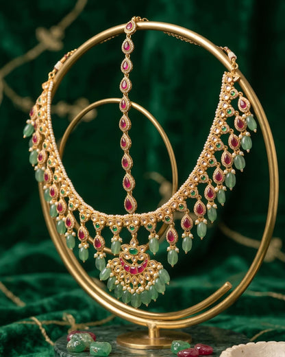 Indian Bridal Kundan Pearl Sheeshpatti Matha Patti Headpiece, Gold Wedding Tikka with Ruby & Green Stones, Bridal Hair Accessory