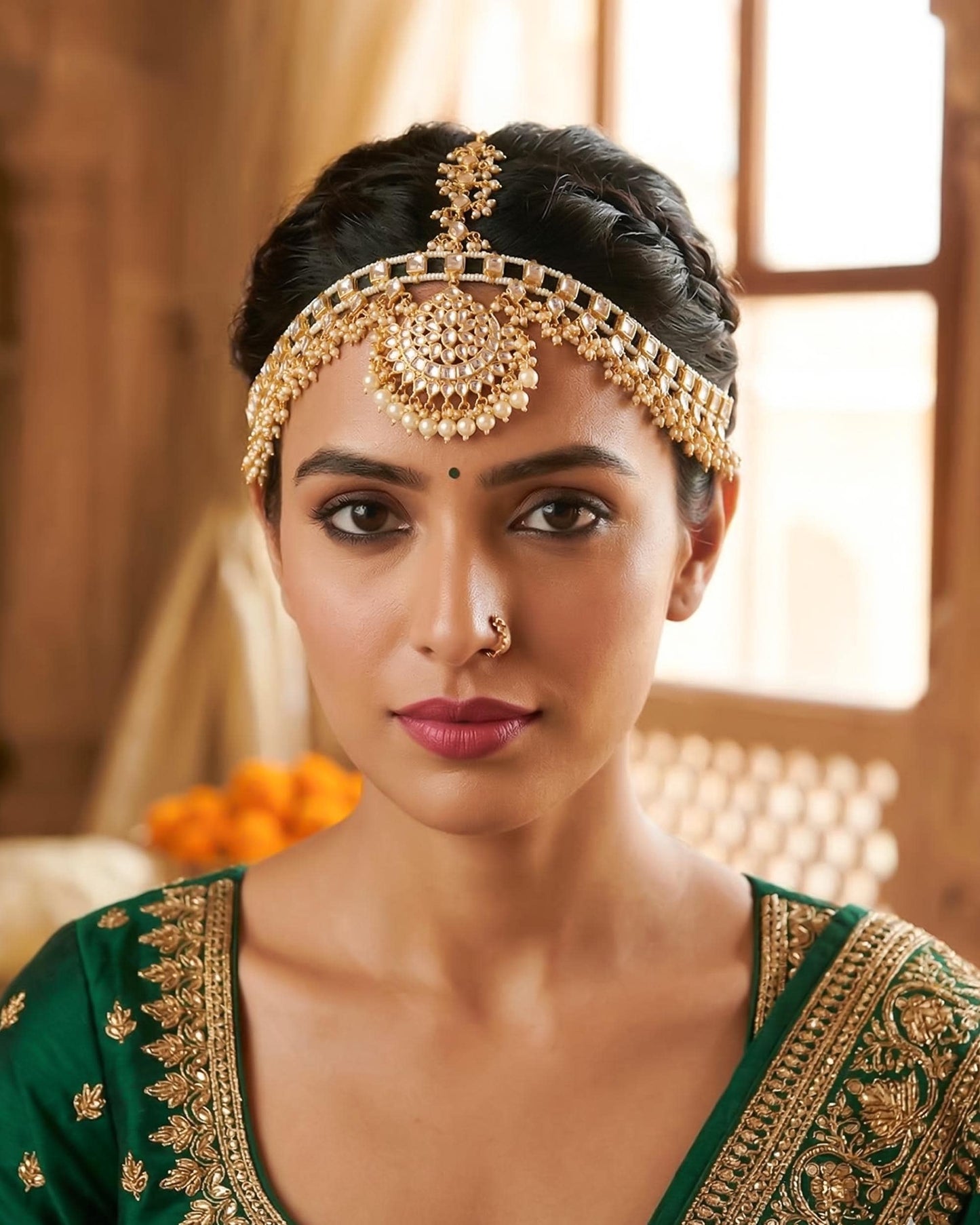 Handmade Gold Kundan Pearl Bridal Sheeshpatti Maang Tikka Headpiece, Traditional Mughal-inspired Wedding Jewelry, Bridal Head Jewelry Set