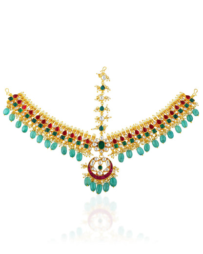 Gold Kundan Pearl Bridal Sheeshpatti Matha Patti Headpiece, Red Green Wedding Jewelry