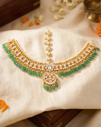 Gold Kundan Pearl Maang Tikka Set, Indian Bridal Headpiece, Wedding Jewelry