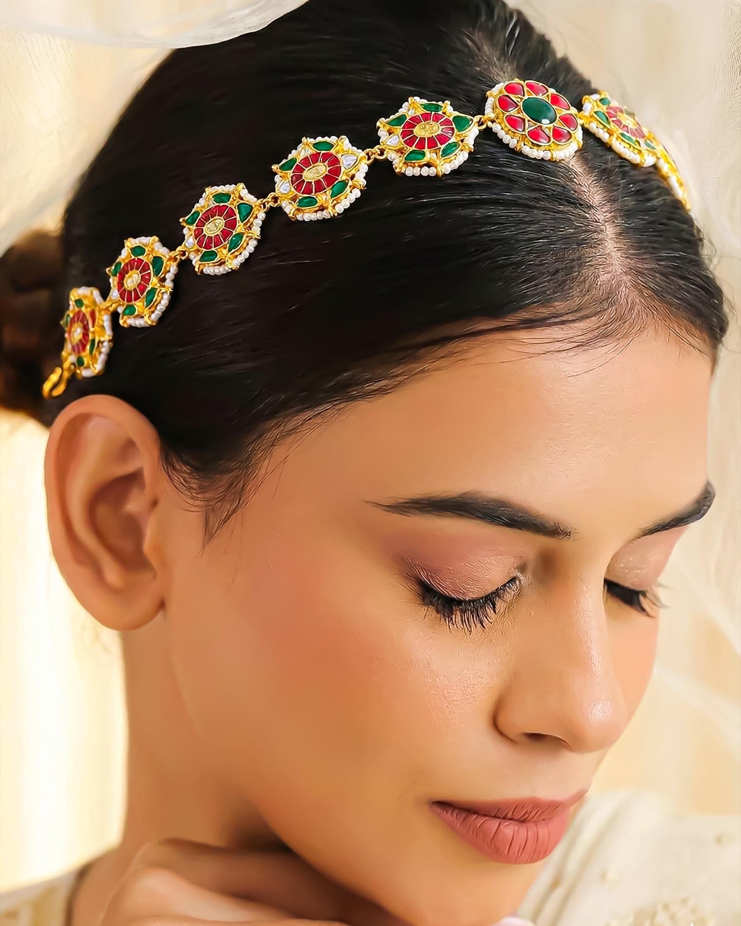 Bridal Kundan Matha Patti Headpiece, Pearl Floral Wedding Jewelry, Boho Forehead Chain