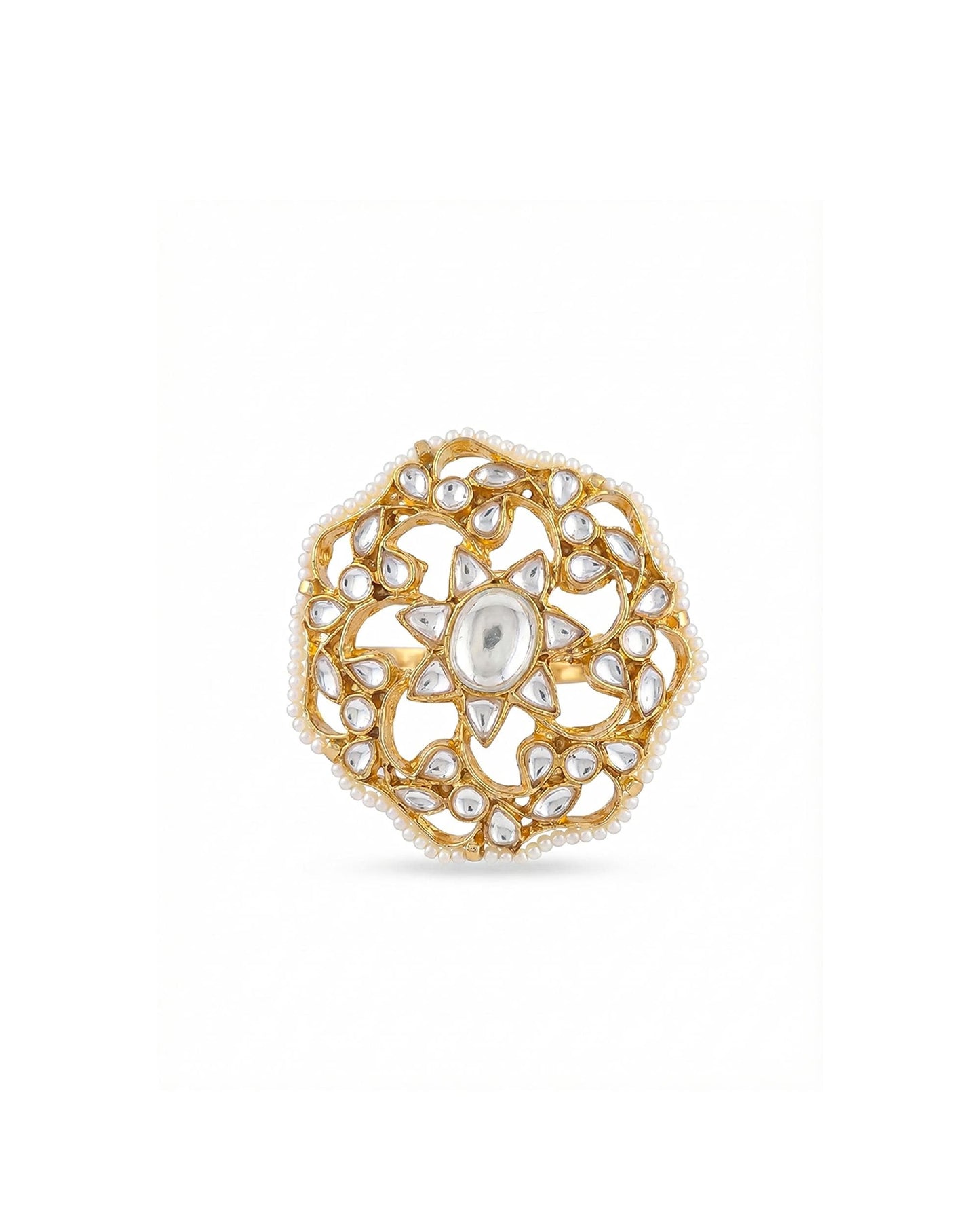 Adjustable Gold Kundan Pearl Bridal Ring Jewelry