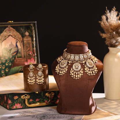 Kundan Pearl Bridal Necklace Set, Indian Wedding Jewelry Set, Gold Choker Necklace with Earrings, Traditional Bridal Jewelry