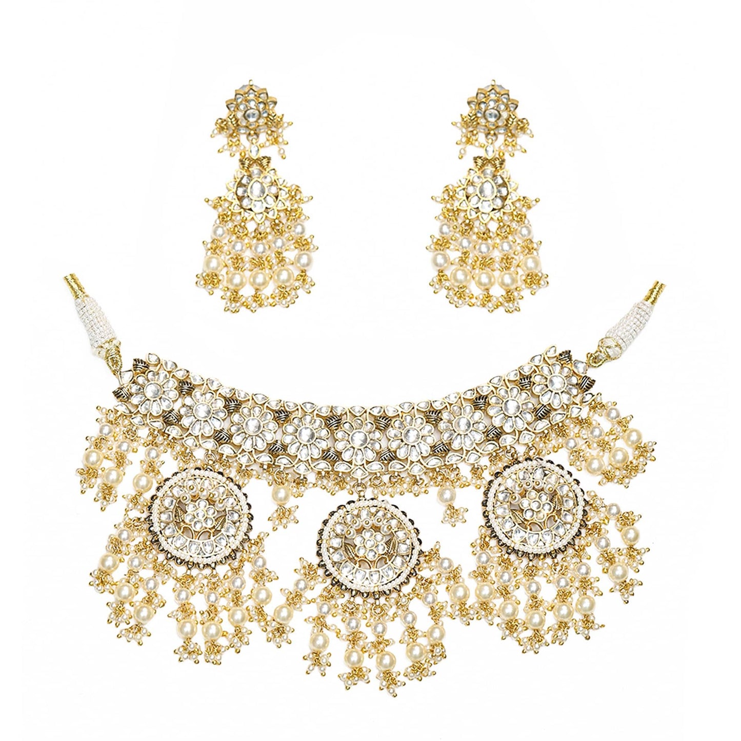 Kundan Pearl Bridal Necklace Set, Indian Wedding Jewelry Set, Gold Choker Necklace with Earrings, Traditional Bridal Jewelry