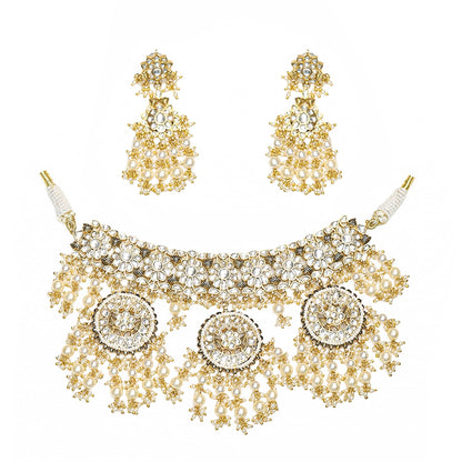 Kundan Pearl Bridal Necklace Set, Indian Wedding Jewelry Set, Gold Choker Necklace with Earrings, Traditional Bridal Jewelry