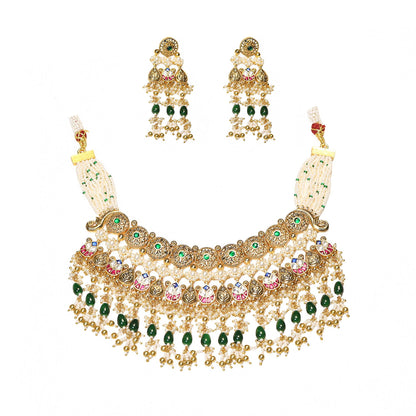 Kundan Meenakari Bridal Choker Necklace Set, Green Bead Pearl Wedding Jewelry, Indian Gold Bridal Jewelry Set with Earrings