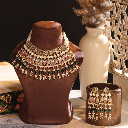 Kundan Meenakari Bridal Choker Necklace Set, Green Bead Pearl Wedding Jewelry, Indian Gold Bridal Jewelry Set with Earrings
