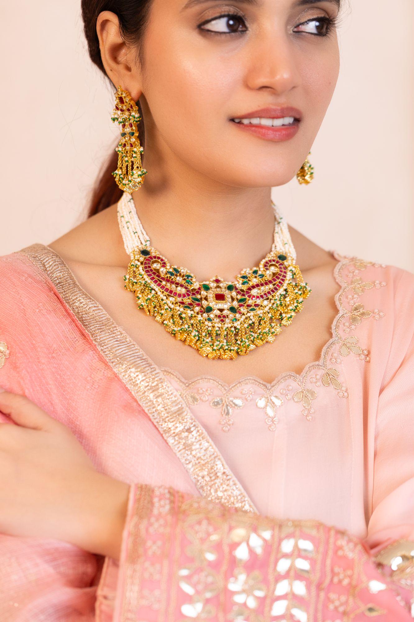 Meenakari Bridal Choker Necklace Set, Red Green Indian Wedding Jewelry, Pearl Beaded Choker Set with Earrings, Statement Ethnic Jewelry